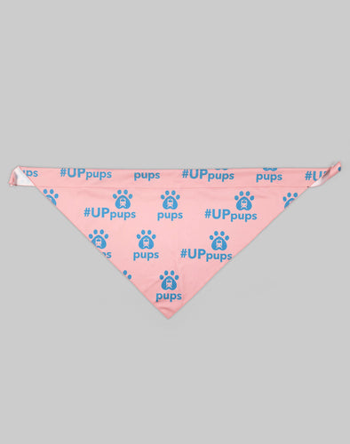 Un bandana rose avec le logo UP Pups en bleu, une empreinte de patte avec un train dessus et le texte pups sous la patte.