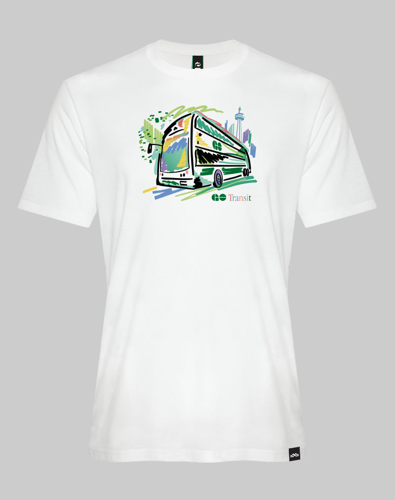 White t-shirt with a colorful bus graphic on a gray background