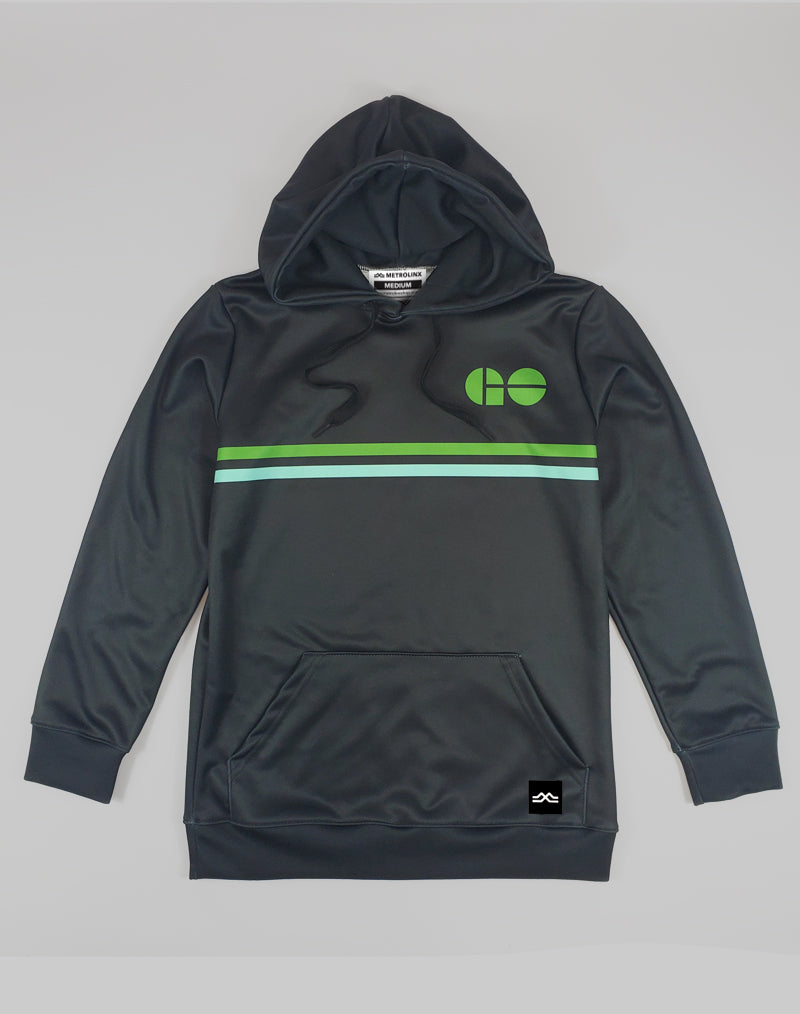 A pullover GO Train hoodie featuring the GO Train graphic and stripes on the chest. Send the kids back to school in style.