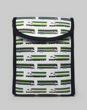 Load image into Gallery viewer, Front view. Take your lunch on the GO with this stylish lunch bag featuring a GO train and bus pattern. Keeps your food items insulated and features a Velcro closure.
