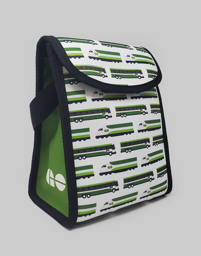 3/4 view. Take your lunch on the GO with this stylish lunch bag featuring a GO train and bus pattern. Keeps your food items insulated and features a Velcro closure. 