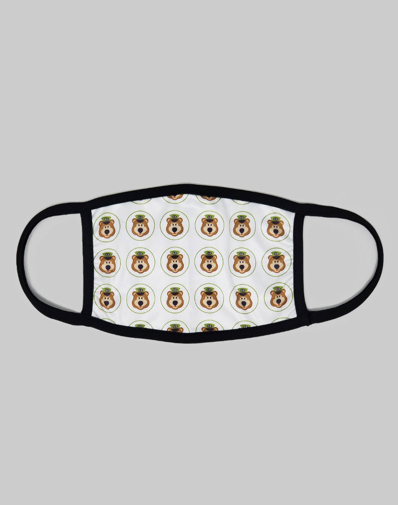 GO Bear's are featured as a pattern in a grid, against a white background for this  COVID-19 Safety Mask, featuring black straps