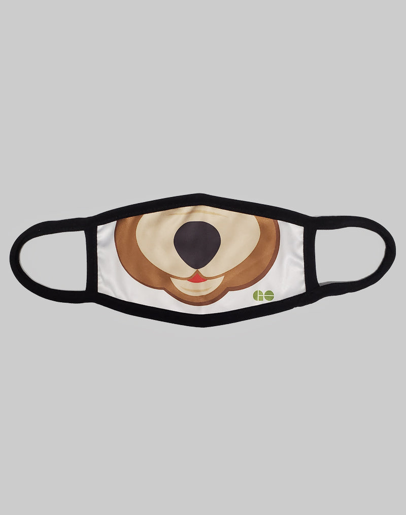 GO Bear Snout is the graphic on a COVID-19 Safety Mask, against a white background with black straps