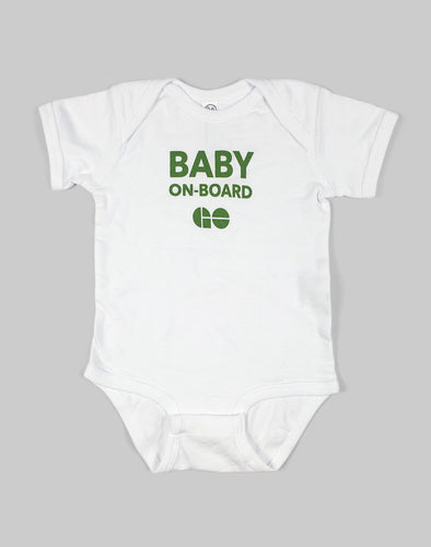 White baby onesie with green text that states 'BABY' in large letters and 'ON-BOARD' below it, with the GO logo below