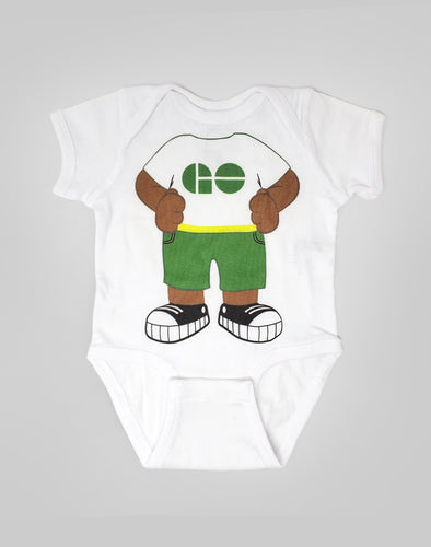 White baby onesie featuring a large GO Bear mascot that has the GO logo text on his t-shirt.