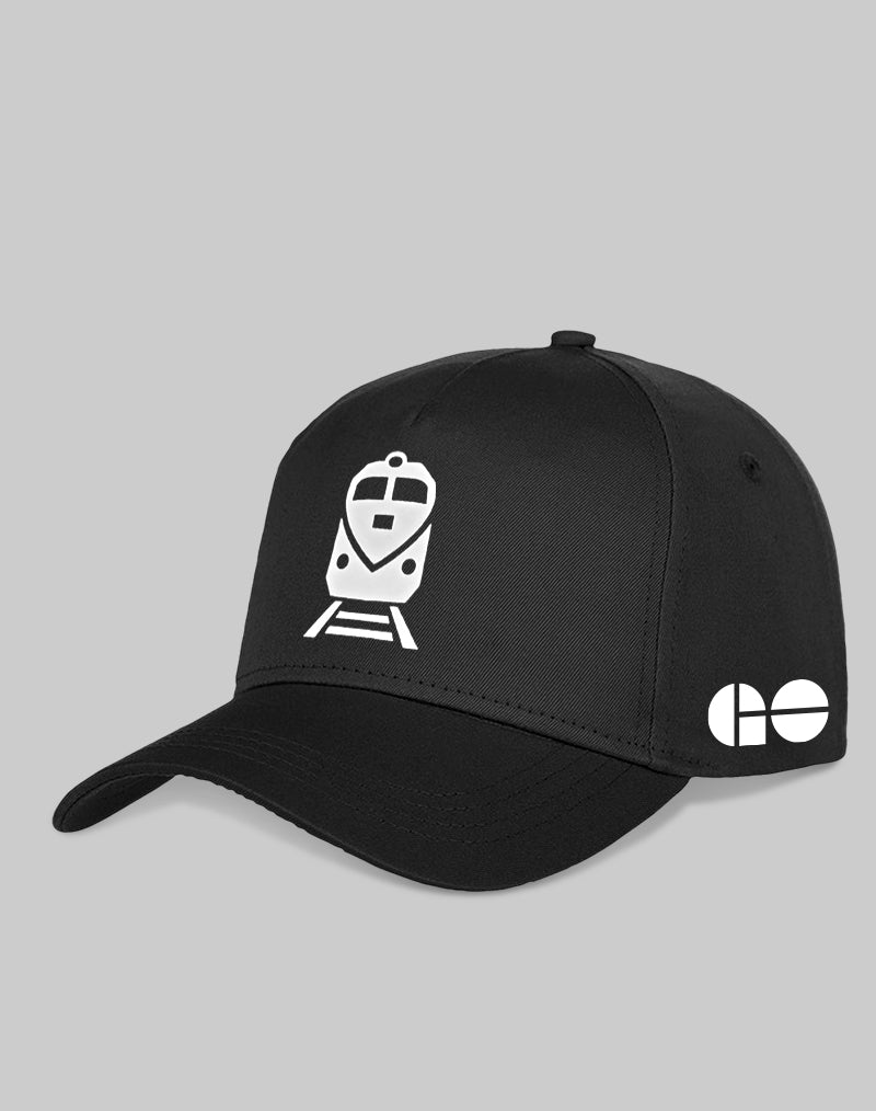 Black GO train baseball cap with GO logo on side
