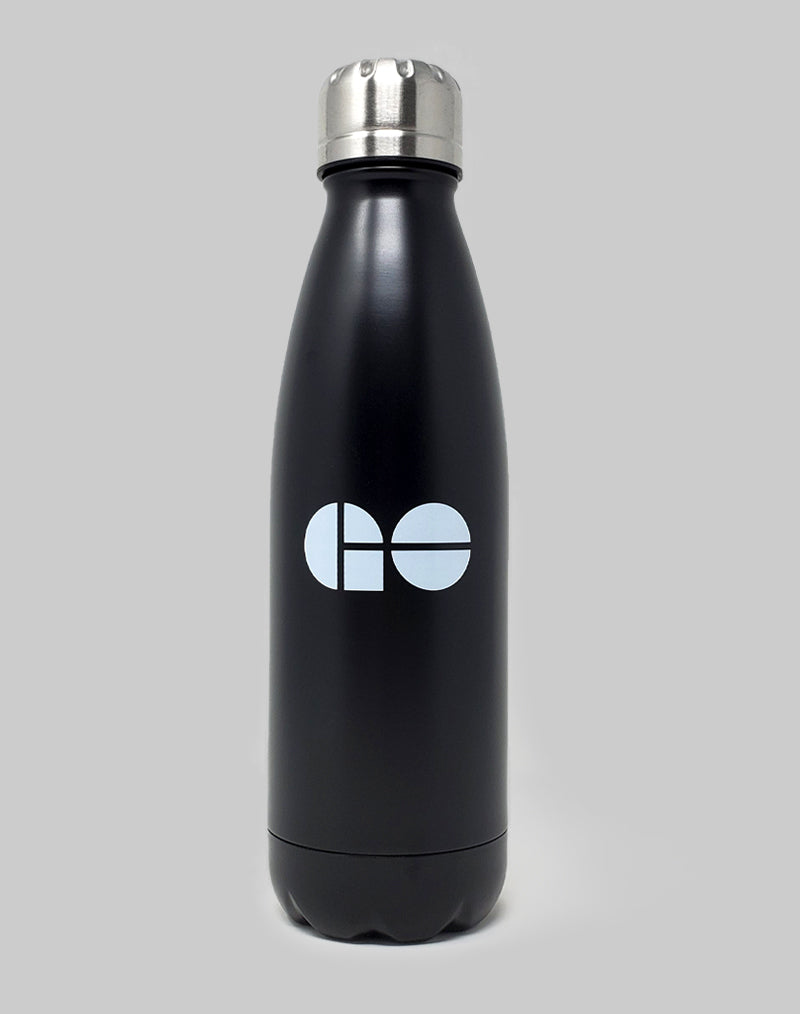 Black water bottle with white GO logo