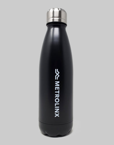 Black water bottle with white Metrolinx logo