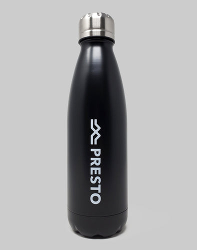 Black water bottle with white Presto logo