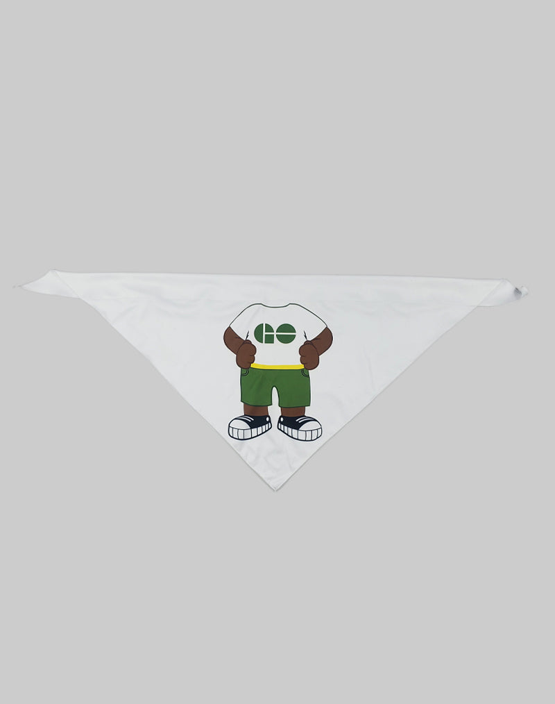 Features a white bandana, folded as a triangle, with a cute GO Bear dog mascot on it