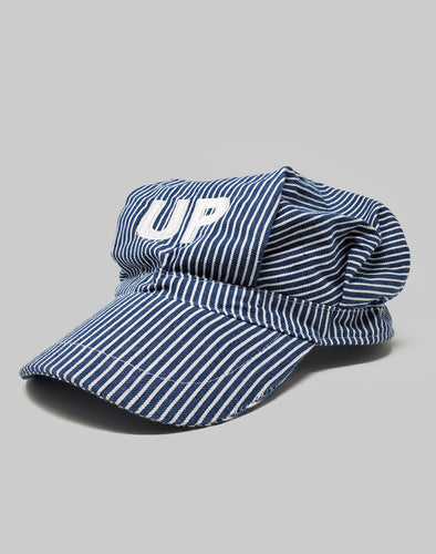 White and blue striped engineer hat with white UP letters