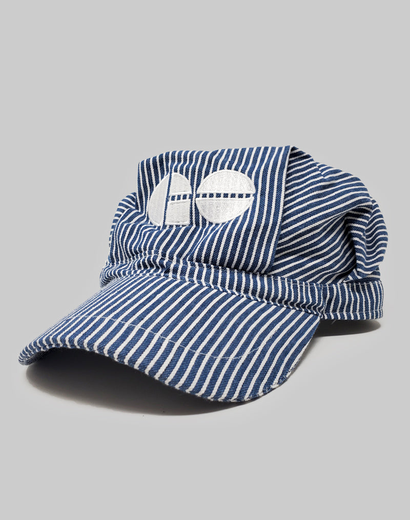 blue and white striped engineer hat with white GO logo