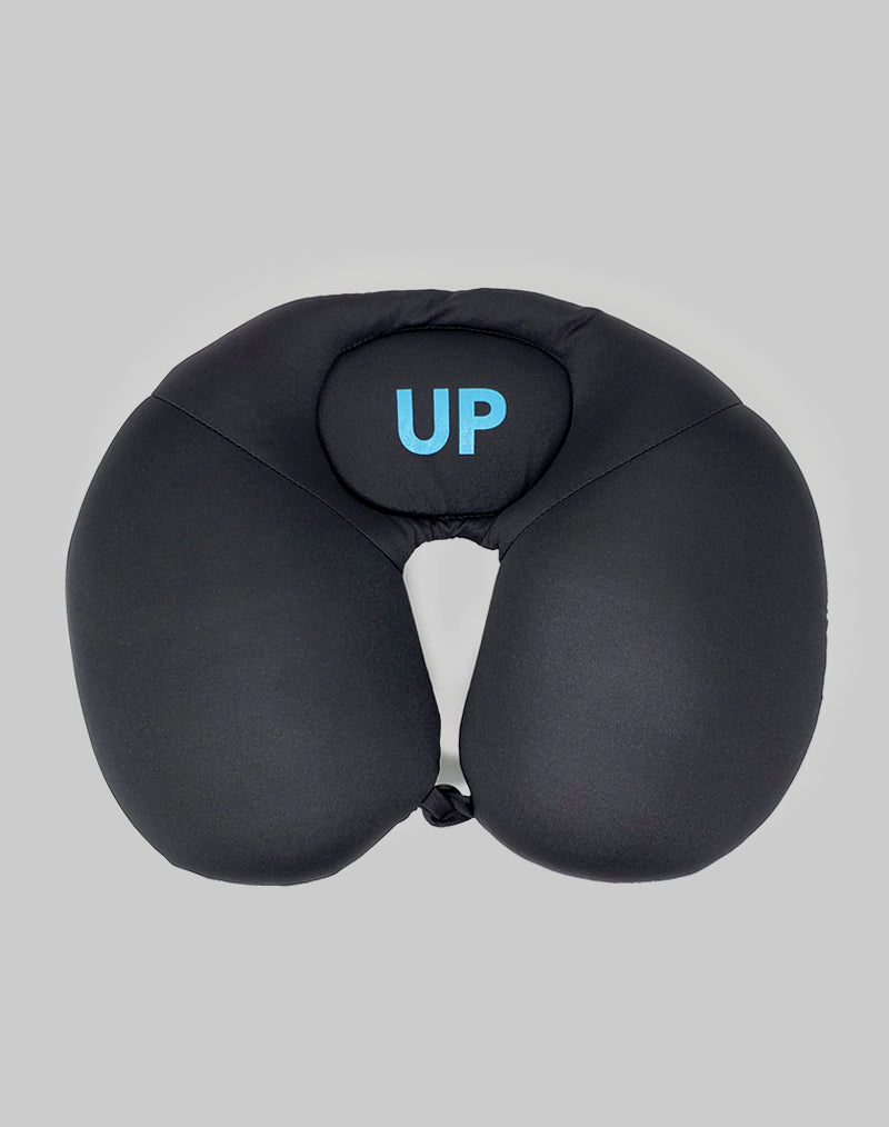 A picture of a Black Neck Pillow that features the UP Express logo on black fabric