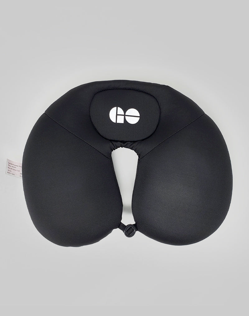 black neck pillow with white GO logo in the middle