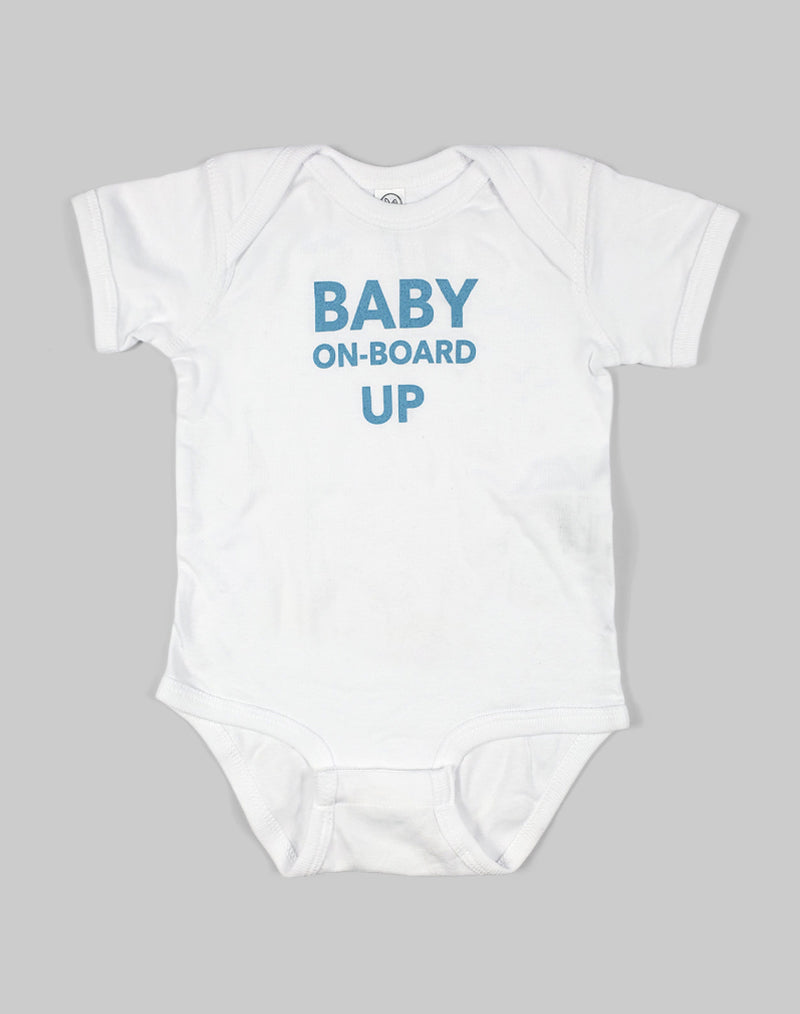 white onesie with baby on board written across and UP