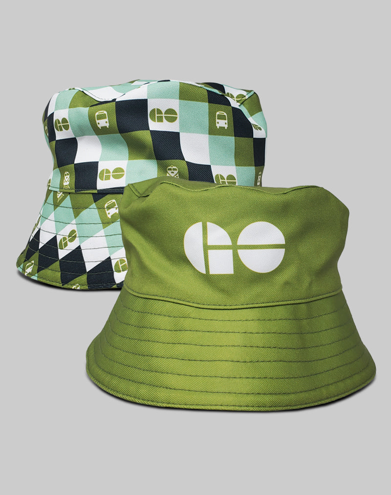  The GO Adult Bucket Hat features a reversible design with a GO checkered pattern on one side and a single GO logo on the other.