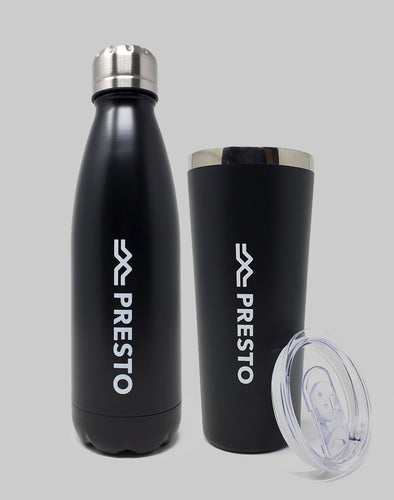 Keep your hot drinks hot and your cold drinks cold with the PRESTO Drink bundle. The bundle includes a PRESTO Water Bottle and a PRESTO Tumbler.