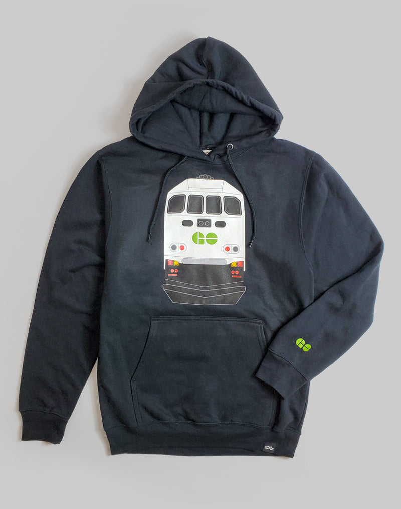 A pullover GO Train hoodie featuring a bold GO Train graphic on the chest. The perfect hoodie for the skate park or hanging with your crew.